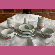 Frenzy Toys Miniature Tea Set w/ Pink Flowers  2 RARE Candle Holders  Bud Vase