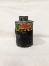 Antique Hand Painted Toleware Tea Caddy American Primitive Ovoid Shape