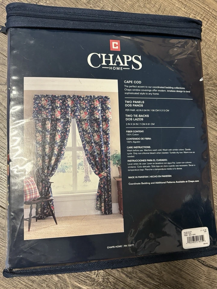 CHAPS Cape Cod Window Curtain Panels 42"x84" w/tie-backs Blue Rose Floral NEW - Image 2 of 4
