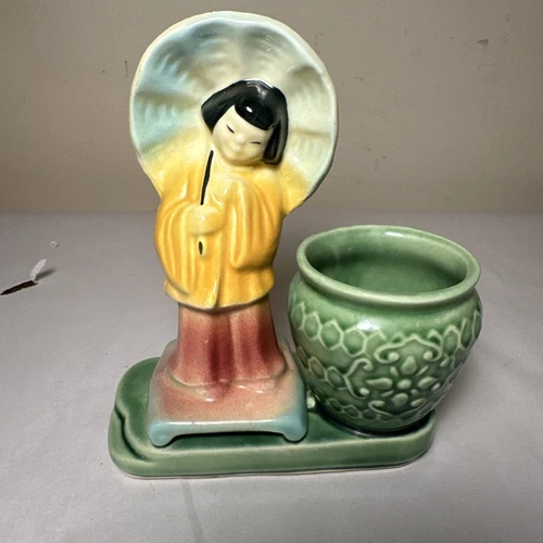 Vtg. Shawnee Pottery #701 Asian Geisha Girl Planter Green Basket MCM Decor USA