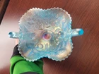 Pretty  Ice Blue Northwood Carnival Glass Fruits & Flowers Bonbon