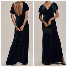 Jenny Yoo BHLDN Ellis Flutter Sleeve Open Back Velvet Gown Emerald Green Size 16