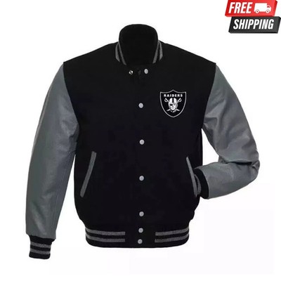 Varsity Oakland Raiders Black Wool Body with Gray Leather Sleeves Bomber Jacket