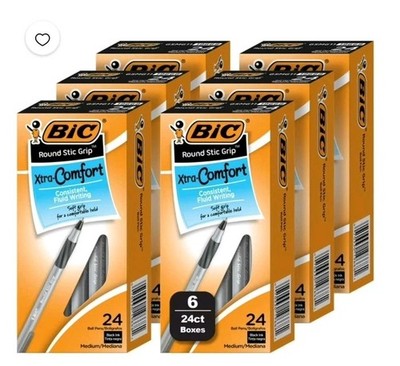 Lot of 144 (6 24-Packs) BiC Round Stic Grip Xtra-Comfort Ball Pens Black Ink NEW