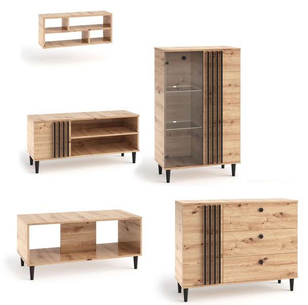 Wohnzimmer-Set Wohnwand 5-Tlg Lowboard Kommode Artisan Eiche Schwarz 110585448-image