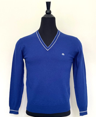 New Unisex ETRO Sweater V neck Wool Blue Pullover Blue White Trim Jumper L size