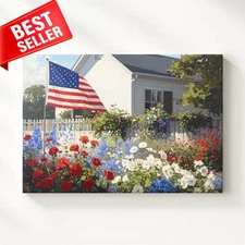 Canvas White Garden Glory Red Wall Art Blue Florals American Flag Overflowing
