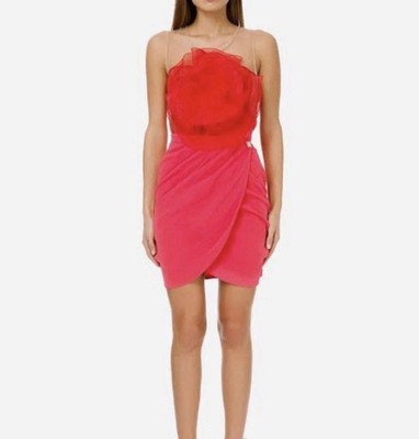 ELISABETTA FRANCHI Red Rose Sheer Organza  Draped Mini Dress IT 44 AU 12 L