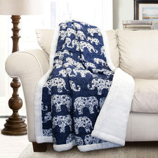Navy Elephant Parade Throw Fuzzy Reversible Sherpa Blanket 60 X 50 White