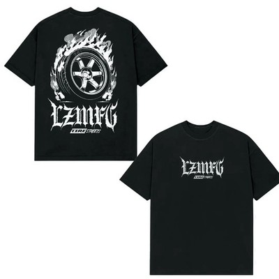 LZMFG Tire Street Racing T-Shirt   Flaming Wheel Drift Car Culture Double Sided