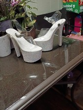Clear Glitter Platform Stiletto Heels with Ankle Strap, Open Toe, Party/Cocktail