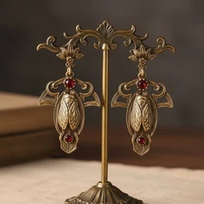 Cicada Gold Antique Scarab Earrings Victorian Statement Gothic Baroque VTG CZ