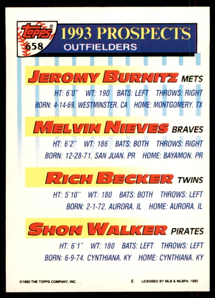1993 Topps Gold Jeromy Burnitz/Melvin Nieves/Rich Becker/Shon Walker Rookie New - Image 2 of 2