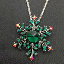 Green Crystal Christmas Winter Snowflake Pendant Long Necklace/Brooch