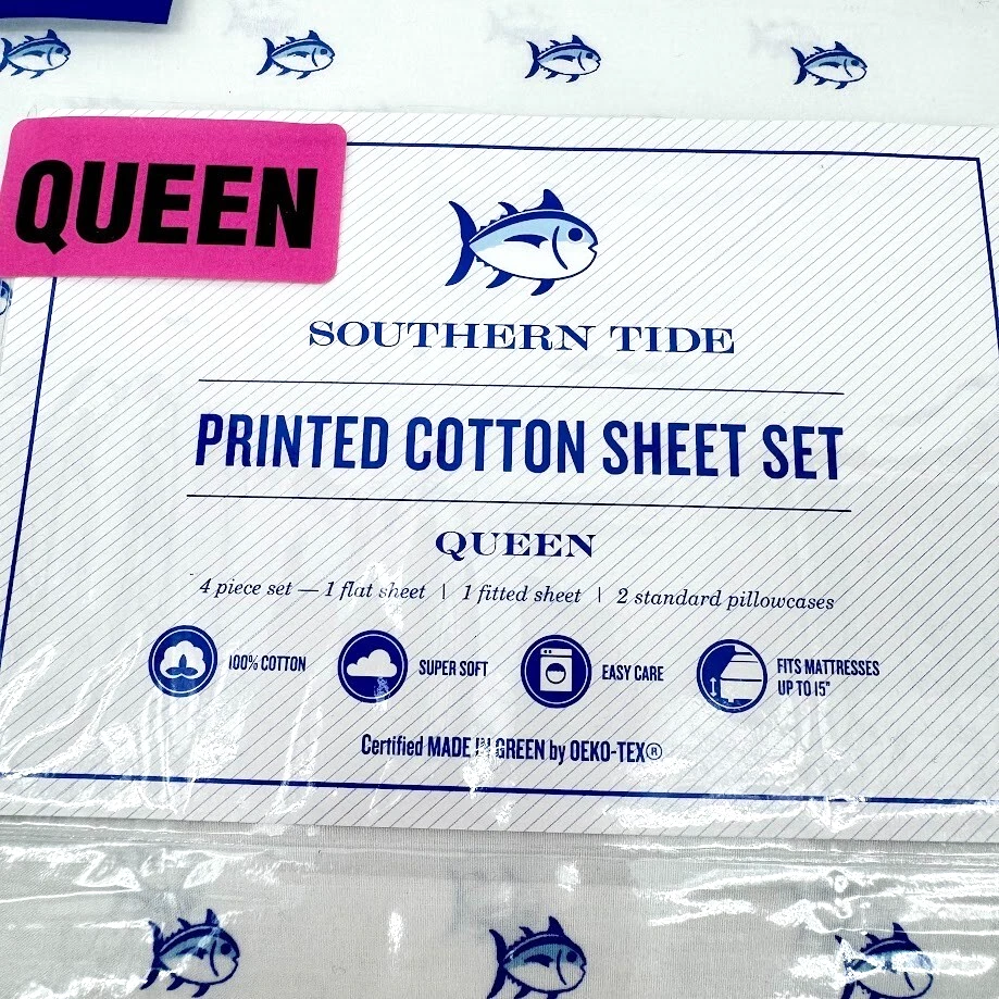Juego de sábanas de algodón con estampado de logotipo de Skipjack Southern Tide - blancas, talla Queen Foto 4 de 4
