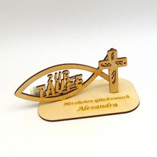 Geldgeschenk zur Taufe Personalisiert mit Namensgravur Christlich mit Fisch Holz
