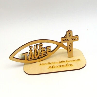 HOLZTEILCHEN KRUKOW Geldgeschenk zur Taufe Personalisiert mit Namensgravur Christlich mit Fisch Holz