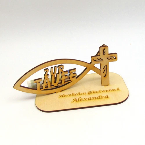 Geldgeschenk zur Taufe Personalisiert mit Namensgravur Christlich mit Fisch Holz