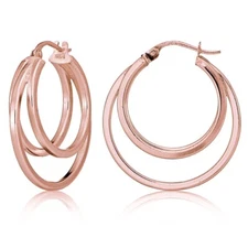 Rose Gold Flash Sterling Silver Square-Tube Triple Round Hoop Earrings