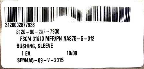 HH60 AIRCRAFT NEW NAS75-5-012 STEEL BUSHING SLEEVE .3133" ID .4384" OD .4384" L - Bild 7 von 7