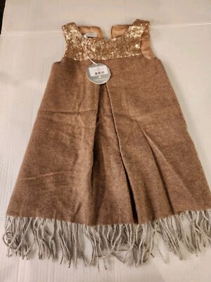 girls gold fringe dress Shimmering tiered fringe dress with short sleeves and a gold bow detail 11-12 years / Pink