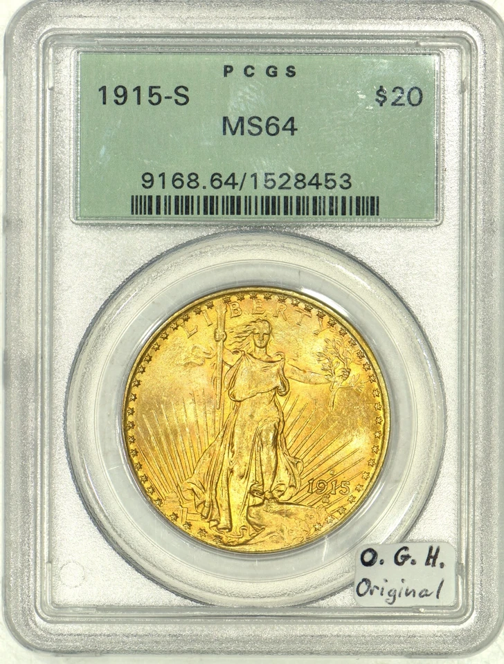 Doble águila dorada 1915-S $20 graduación profesional MS-64; soporte verde antiguo; original