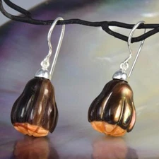 Gum Tree Nut Flower Earrings Carved Iridescent Shell & 925 Sterling Silver 8.32g