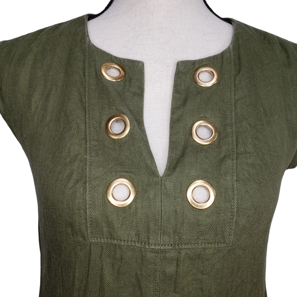 Vestido J Crew Shift tamanho 00 sem mangas gola V verde linho espinha de peixe - Imagem 3 de 4