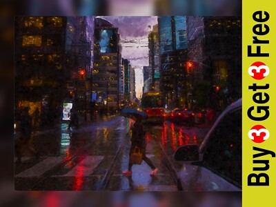 Abend in einer regnerischen Stadt, 5'' x 7'' Druck auf mattem Papier | Urban Life Kunstwerk