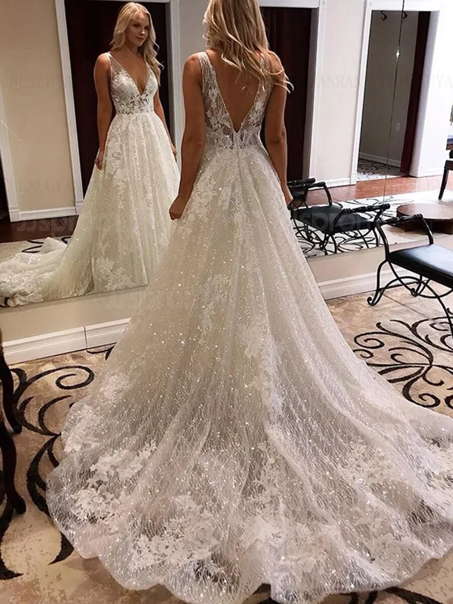 Glitter a line wedding dress cheap