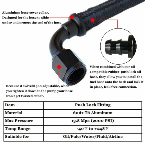 2 x 45 Degree Push on Lock Hose Fitting 6AN to 3/8 inch barb Fuel Line Fitting - Picture 3 of 8