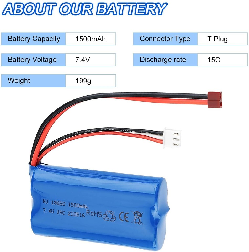 Fytoo 3PCS 7.4V 1500mAh Lithium Battery With 1-to-3 Charging Cable For WLtoys RC Cars & Boats