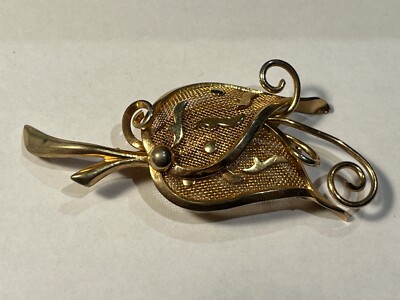 Broche Ancienne En Plaqué Or - Forme De Feuille, Bijou Vintage, Occasion