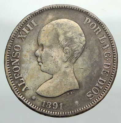 1891 SPAIN with Spanish King ALFONSO XIII Antique Silver Pesetas