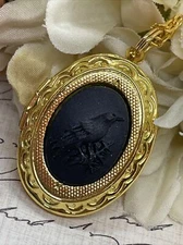 Bright Gold Raven Black Crow Locket Necklace Pendant Gothic Wedding bird new