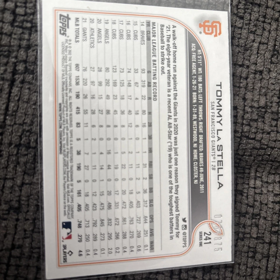 2022 Topps Series 1 - Tommy La Stella #241 Foilboard /875 - Image 2 of 2