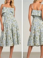 Elan Floral Eyelet Smocked Tiered Midi Dress M Spaghetti Strap Cottage SZ M EUC