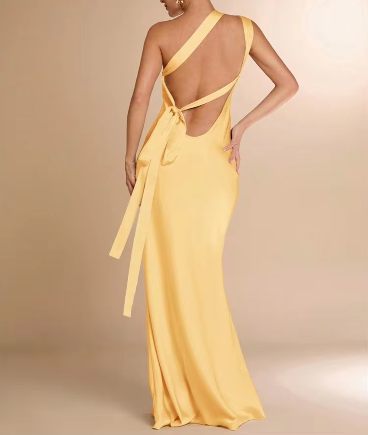 Backless One-Shoulder Yellow Evening Gown with Side Tie Size L