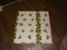 VTG Christmas Tablecloth Ornaments Holly Pine Needles Cotton 50" x 50"