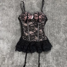 Seven Till Midnight Pink Black Lace Corset Bustier Sz Small Garter Lingerie