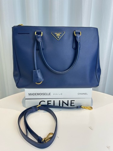 PRADA Galleria Handbag blue Gold metal fitting Medium