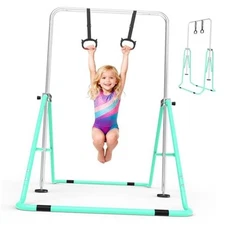 Gymnastics Bar for Kids with Gymnastics Rings, Height Adjustable Green
