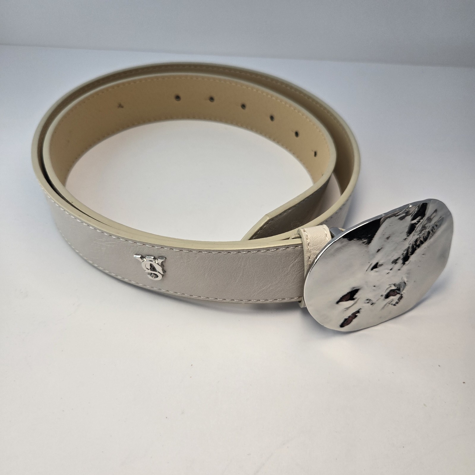 SISLEY Beige Wide Adjustable Waist Belt with Silver Buckle for Women