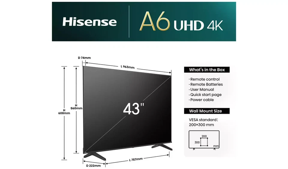 Hisense 43A6NTUK TV 109.2 cm (43inch) 4K Ultra HD Smart TV Wi-Fi Black 200 cd/m - Image 2 of 4