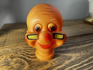 Vintage Plastic Old Man Head Bank Hong Kong Orange Big Eyes Nose Toy