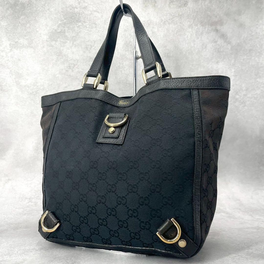 GUCCI Abbey Canvas Leather Handbag with GG Black Logo Hardware