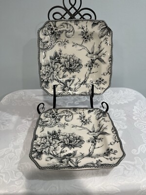 222 Fifth ADELAIDE GREY  2 NEW SALAD PLATES toile bird