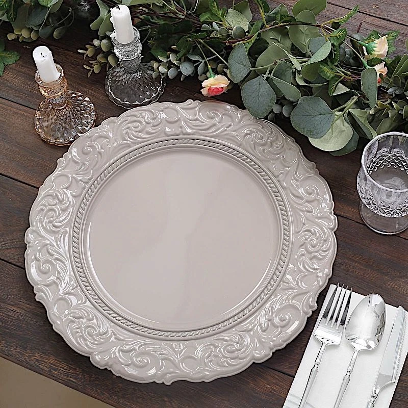 24 Placas Cargador TAUPE 14" Redondas Barrocas Metálicas Boda Gris Claro Suministros Foto 4 de 4