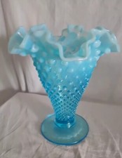 Vintage Fenton Aqua Blue Opalescent Hobnail 7.5" Ruffled Vase