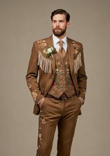 Men Brown 3Pc Bespoke Floral Embroidered Nudie Western cowboy Cocktail Outfit